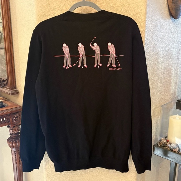 Lyle & Scott Black Wool Blend Men Golfers Embroidery Sweater Size Medium - Picture 1 of 7